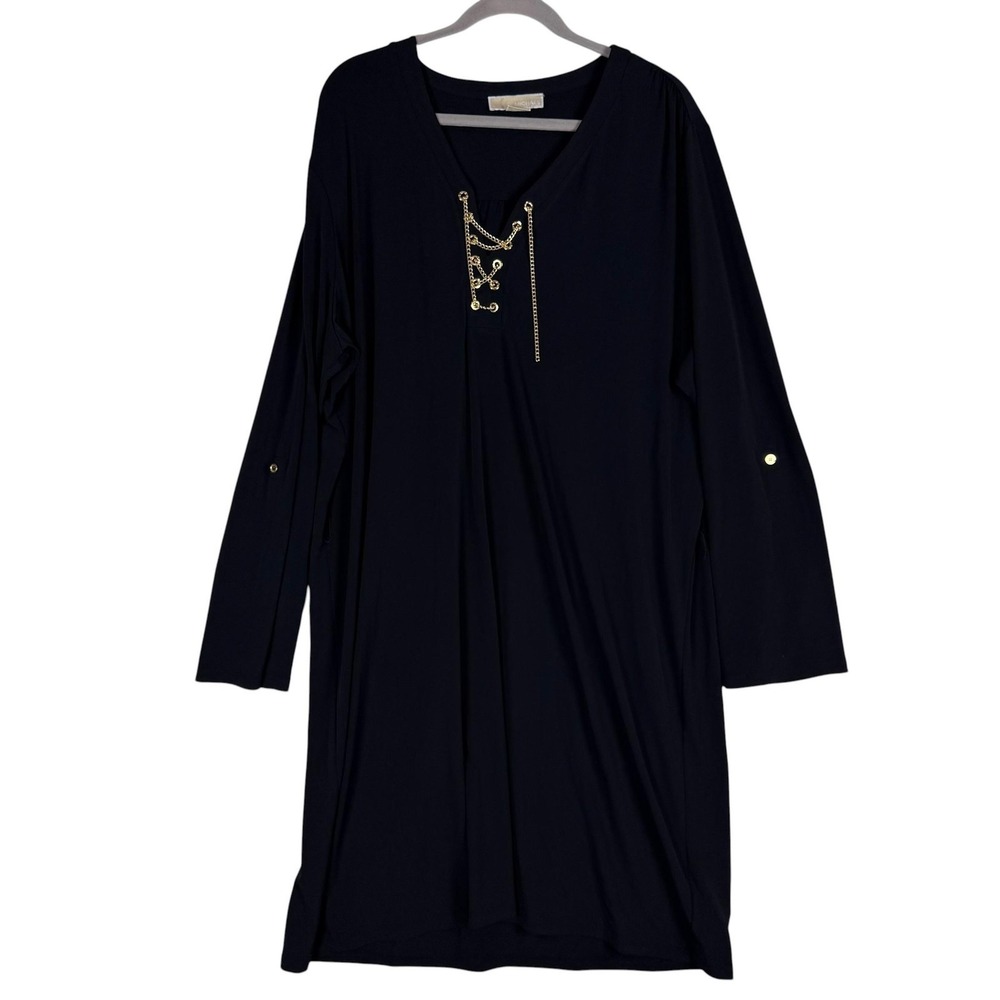 MICHAEL Michael Kors Dress Womens 3X Black V Neck Shift Long Sleeve Pockets